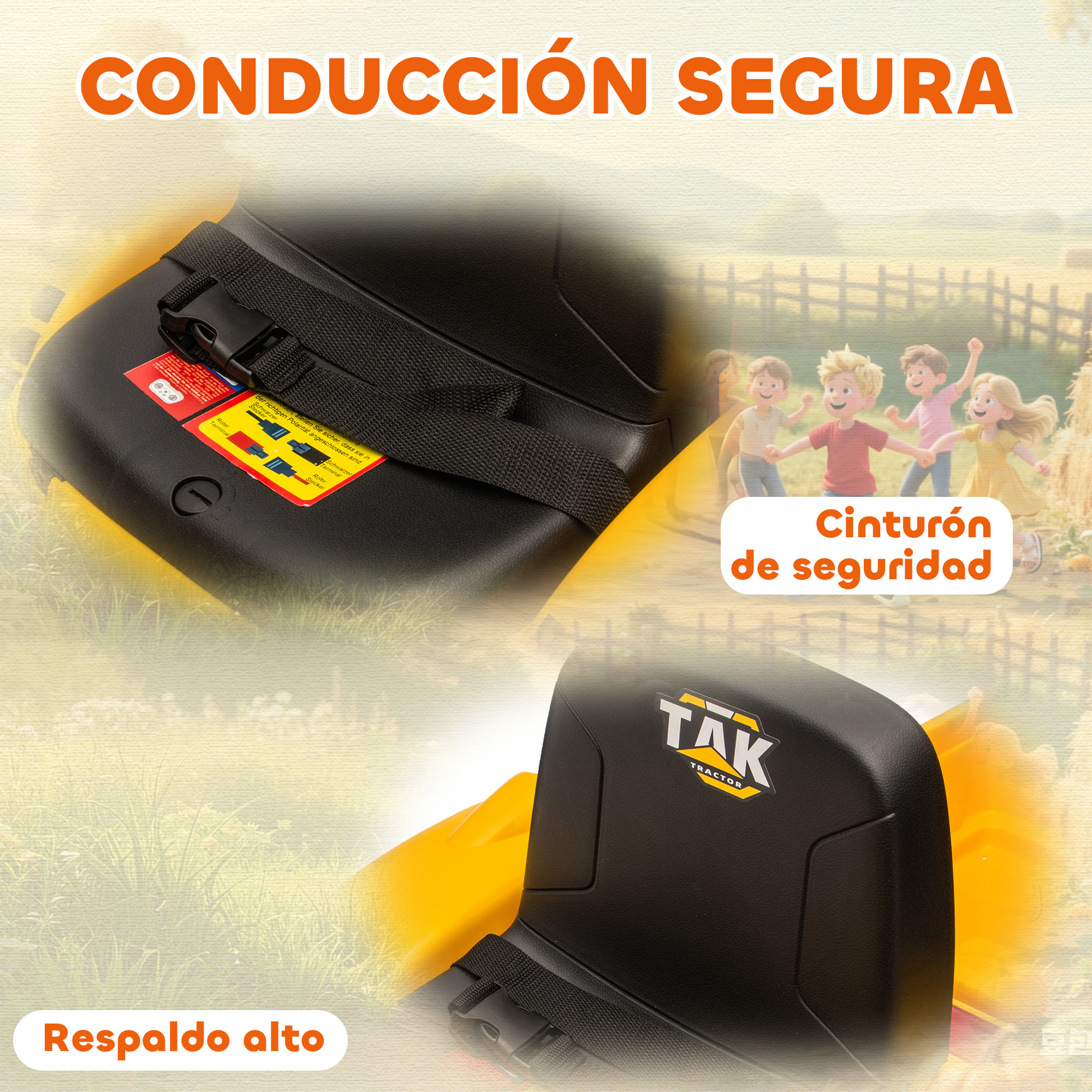 Tractor Eléctrico para Niños con Remolque Desmontable y Pala, Tractor de Juguete de Batería 12V, Motor Doble, Control Remoto 2,4G, Luces, Música, Conexión Inalámbrica, USB para Niños +3 Años