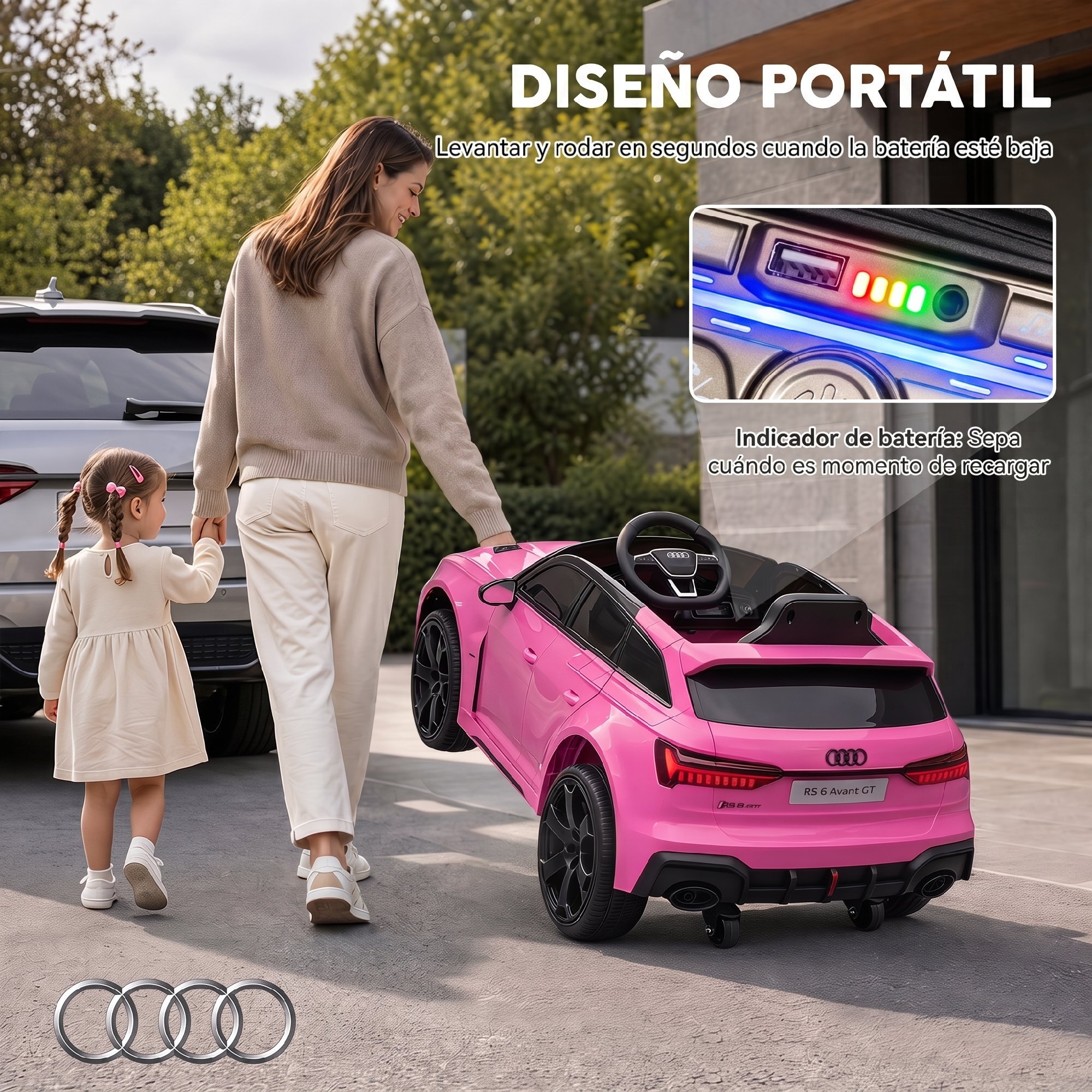 AIYAPLAY Coche Eléctrico para Niños Audi RS 6 Avant GT Coche de Batería 12V con Mando a Distancia 2,4 G Motor Doble Arranque Progresivo Suspensión MP3 Bocina y Faros LED 3-6 Años 3–5 km/h Rosa