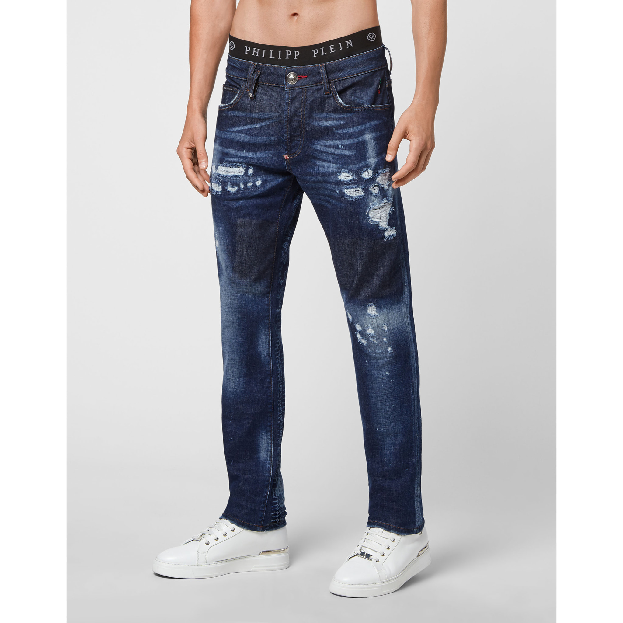 PHILIPP PLEIN Bandana  Denim Trousers Super Straight Cut Paisley