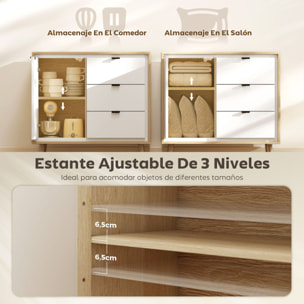 Aparador de 1 Puerta, Aparador de Salón Moderno con 3 Cajones, Estante Ajustable y Patas de Madera, para Cocina, Entrada, Dormitorio, 80x35x77 cm, Blanco Brillo y Roble