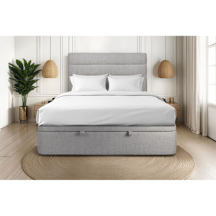 Lit avec sommier et tête de lit à lignes - Tissu bouclette au style tendance - Adapté à tous les matelas, montage rapide - Rangement XXL - Hauteur Totale : 39cm