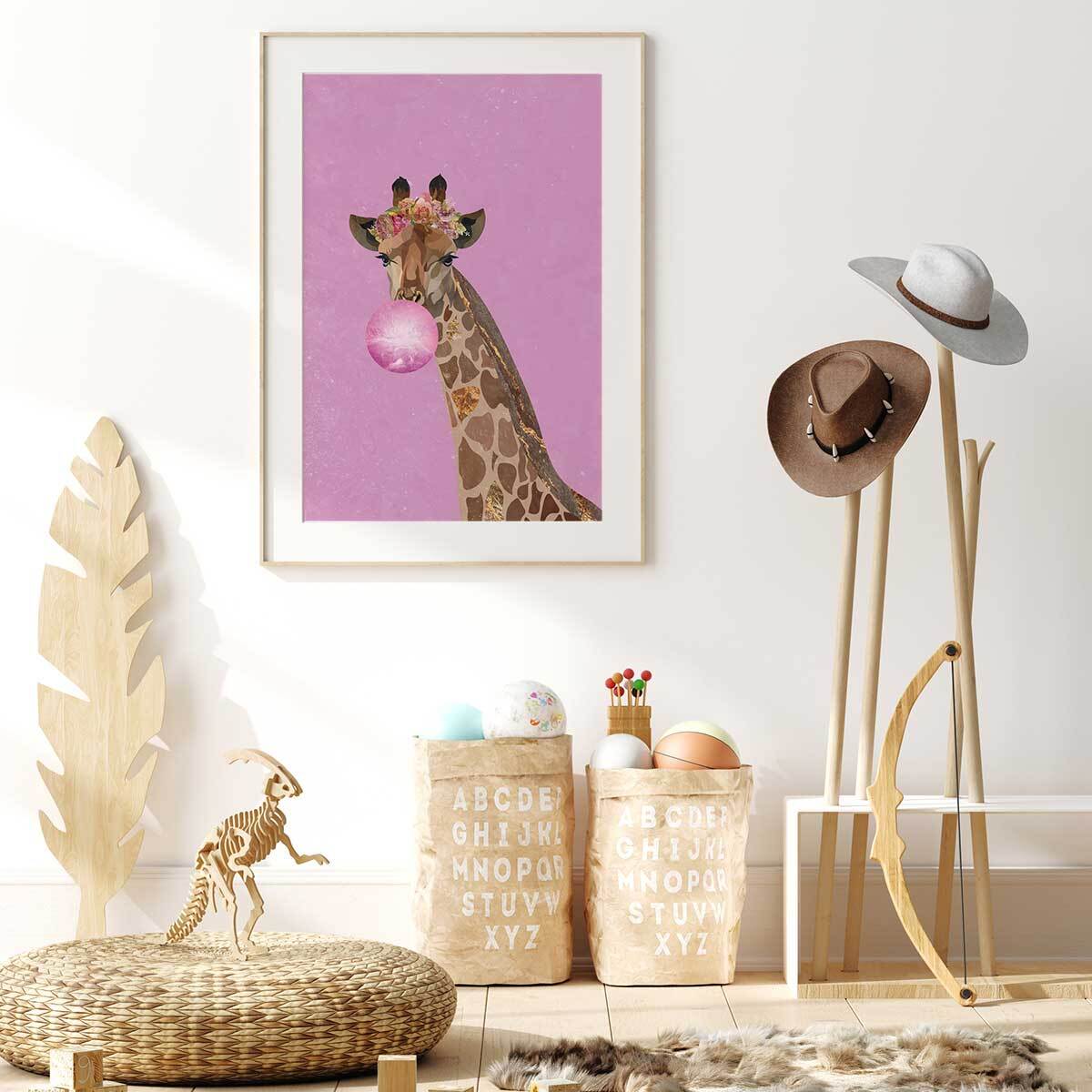 Affiche enfant girafe rose Affiche + cadre en bois - Chêne