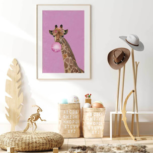 Affiche enfant girafe rose Affiche + cadre en bois - Chêne