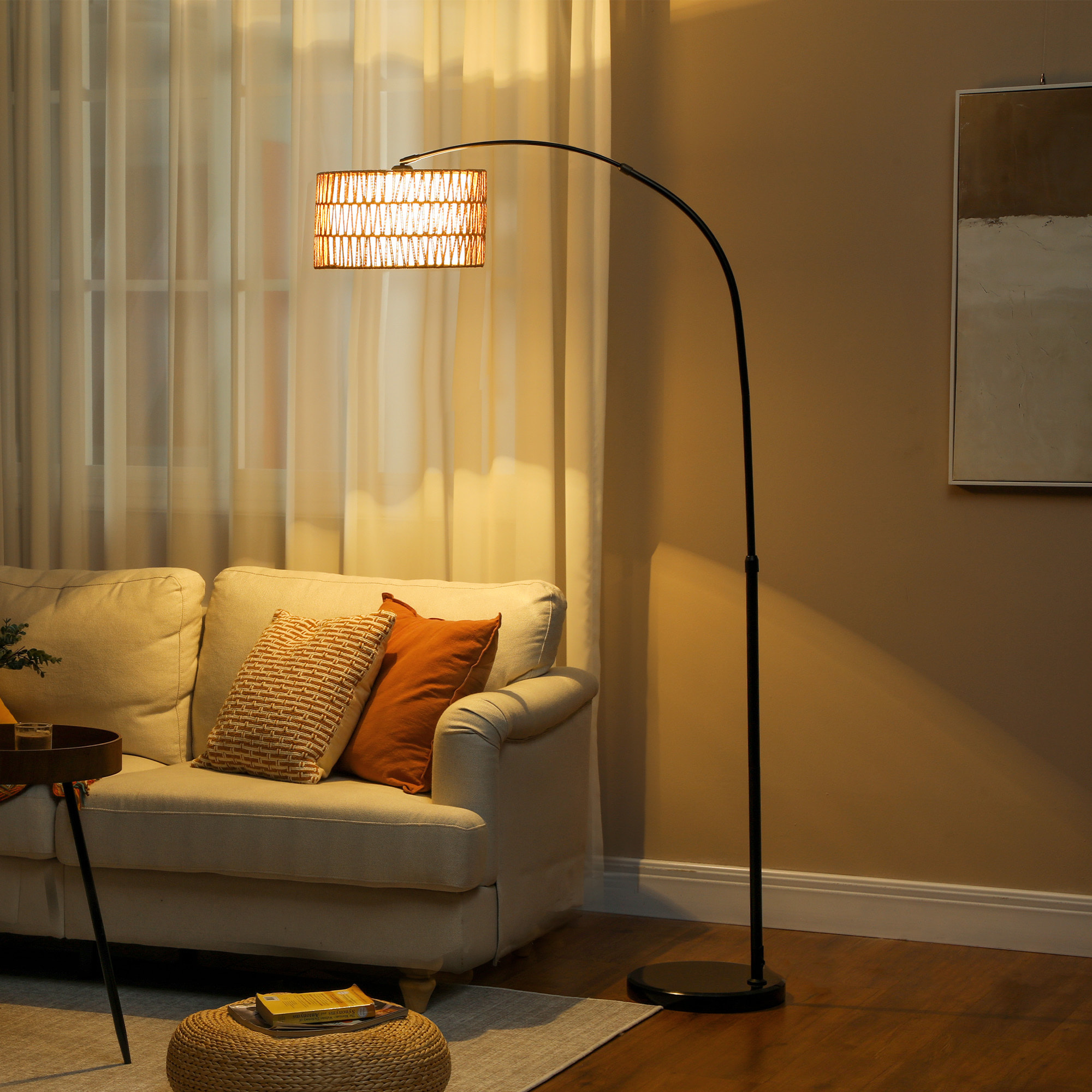 Lámpara de Pie de Arco Lámpara de Pie Salón con Altura Ajustable Pantalla de Yute Interruptor de Pie y Base de Mármol para Sala de Estar Oficina Dormitorio Negro y Marrón