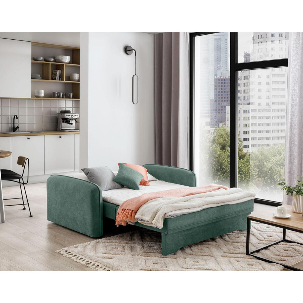 Michelle - canapé droit 3 places convertible avec coffre en velours - Vert