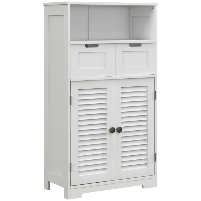 Meuble de salle de bain sur pied 2 portes persiennes 2 tiroirs niche blanc