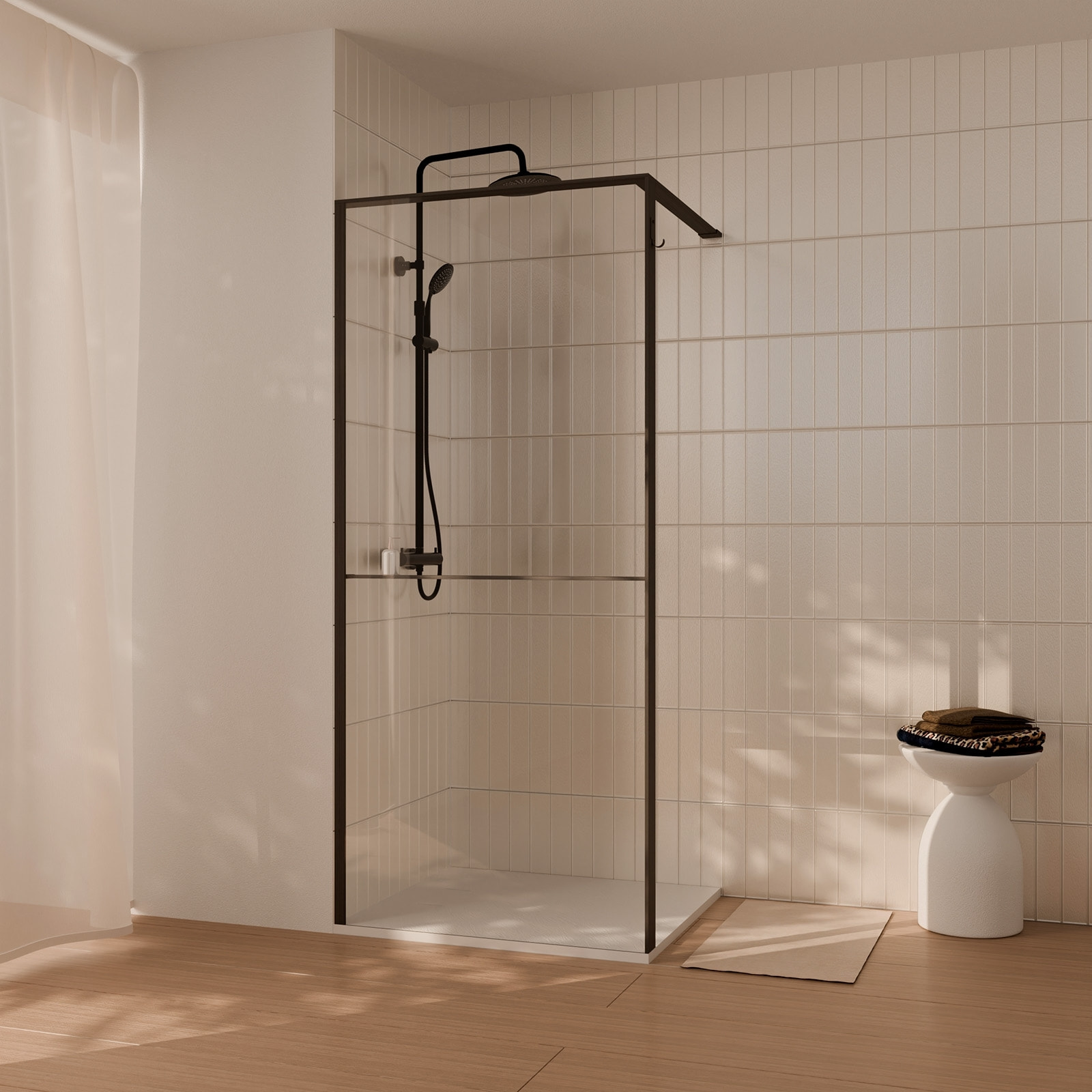 Paroi de douche 100x200cm - Cadre et étagère noir mat - Verre 8mm anticalcaire - ETHAN