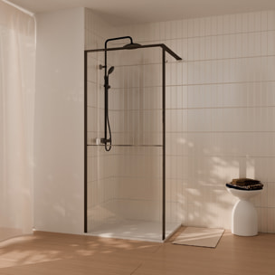 Paroi de douche 100x200cm - Cadre et étagère noir mat - Verre 8mm anticalcaire - ETHAN