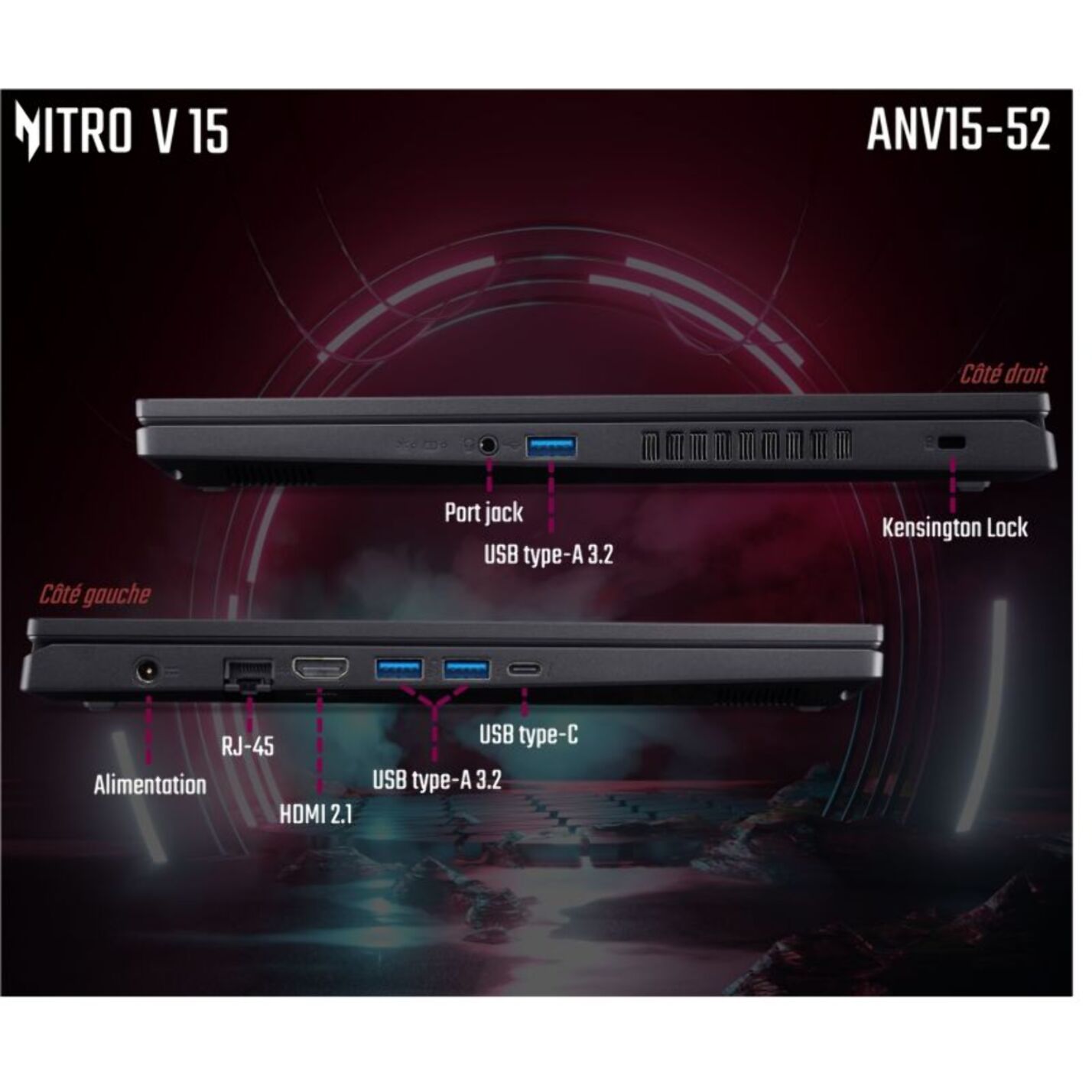 PC Gamer ACER Nitro V15 ANV15 15,6" FHD 165Hz Intel Core 7 250H Nvidia GeForce RTX 5060 32 Go RAM DDR4 SSD 512 Go