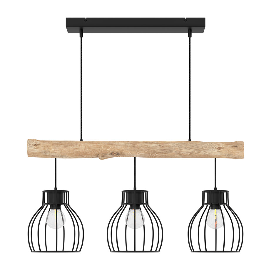 Suspension 3 lampes en bois d'eucalyptus et métal noir - Abby