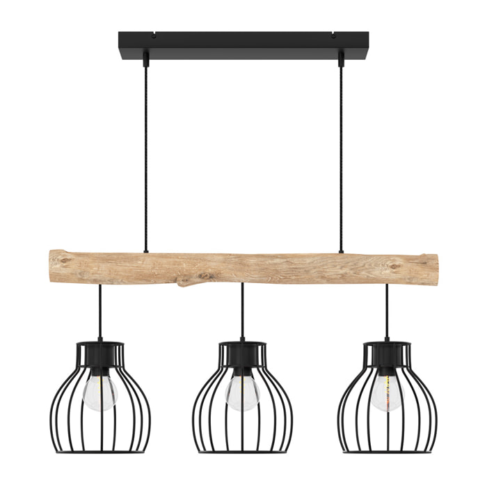 Suspension 3 lampes en bois d'eucalyptus et métal noir - Abby