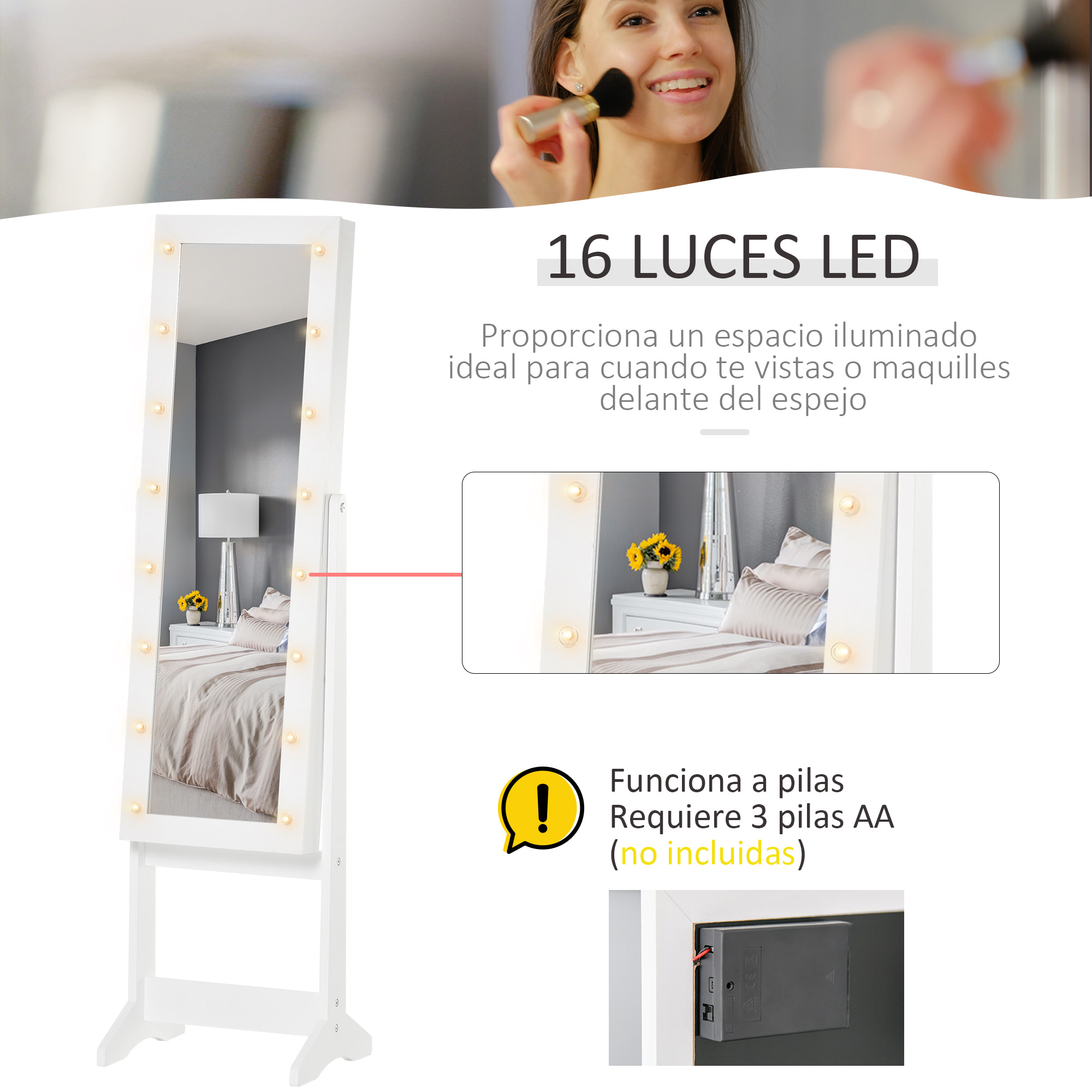 Joyero de Pie con Espejo Luz LED de Madera 36x30x136cm Blanco