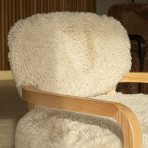 Fauteuil effet fourrure beige et structure en bois  YACK