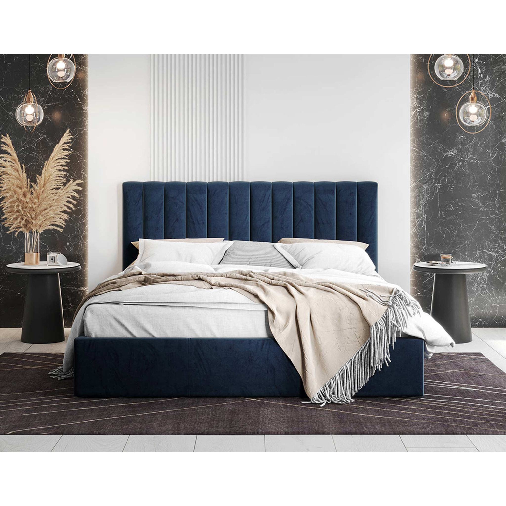 Rosario - lit coffre - 160x200 - sommier inclus - en velours - Bleu