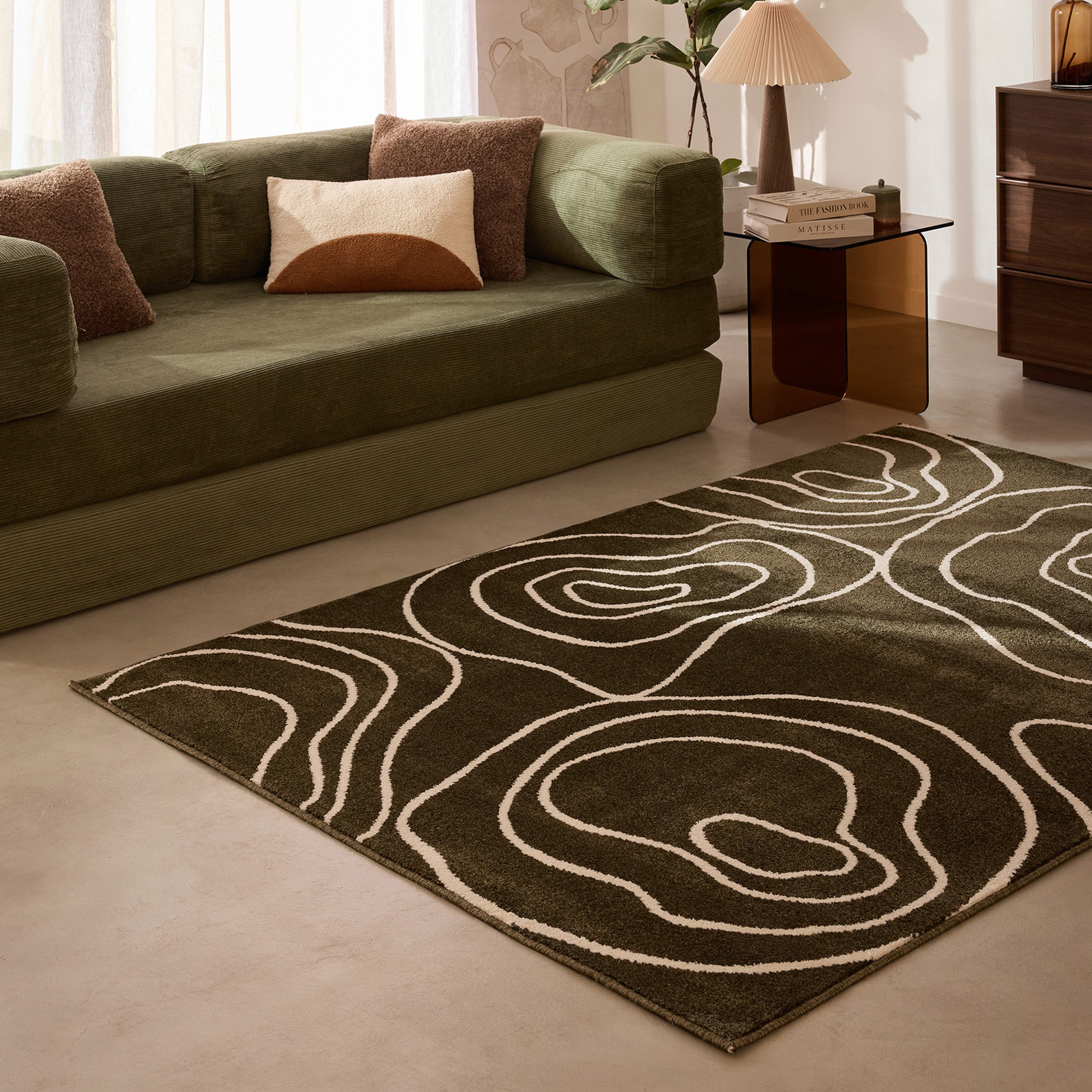 SANTAL - Tapis de salon vert à motif floral