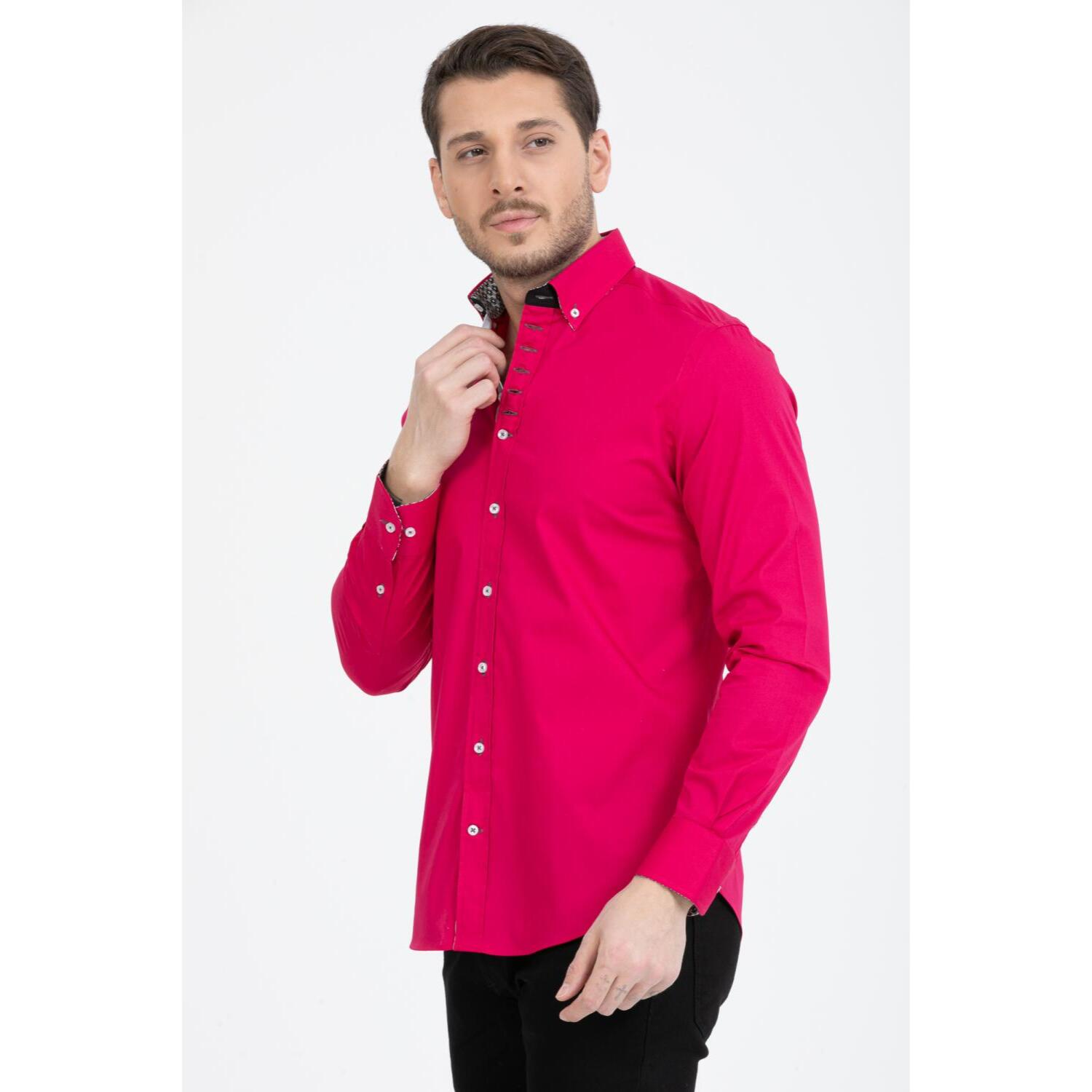Camicia Uomo 1 Bottoni Button Down Slim Popeline Stretch Unito Fucsia