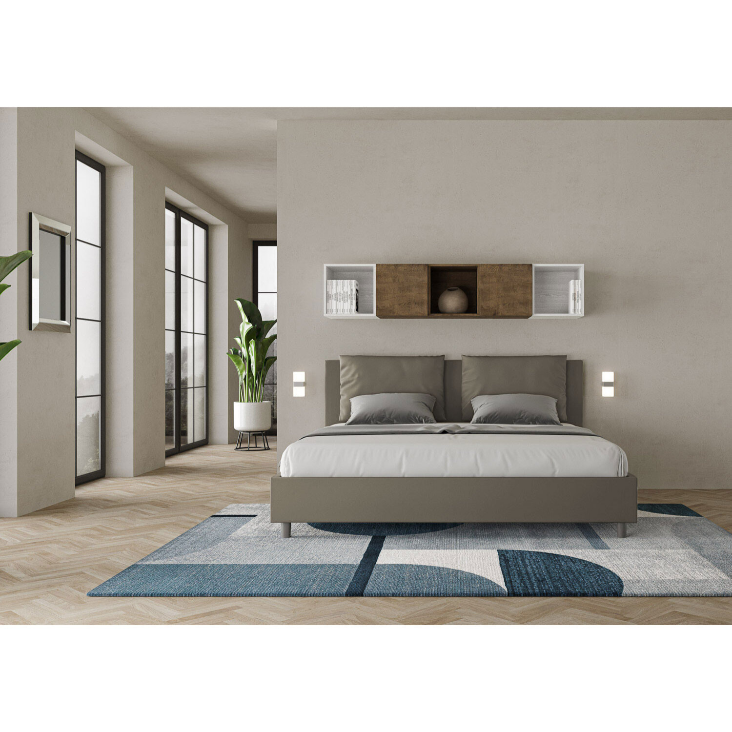 Cama matrimonial sin somier acolchada 200x200 cuero sintético capuchino Antea