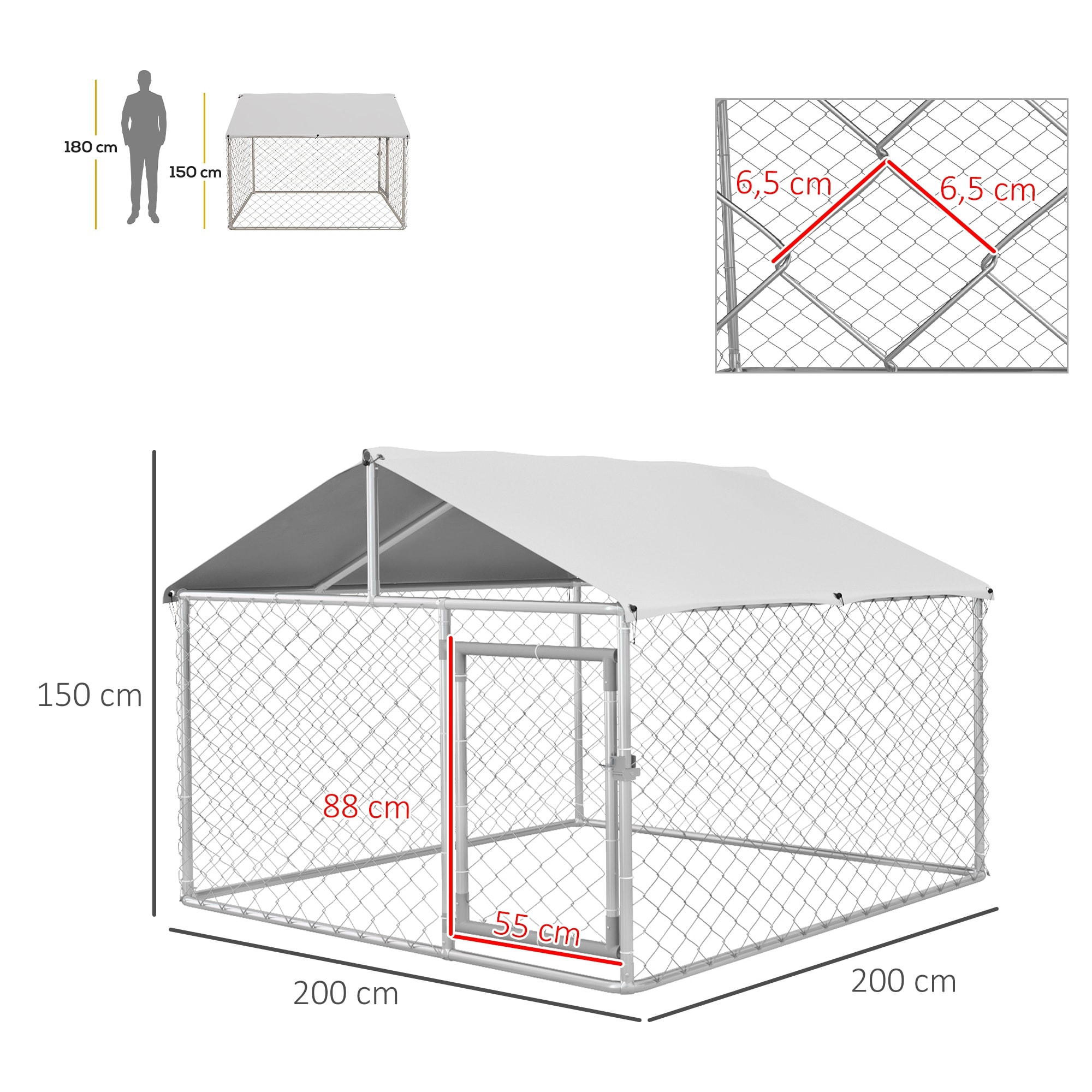 Perrera Jaula de Exterior para Perros Medianos Parque para Perros con Cerradura Marco de Acero Toldo Impermeable y Anti-UV 200x200x150 cm Plata