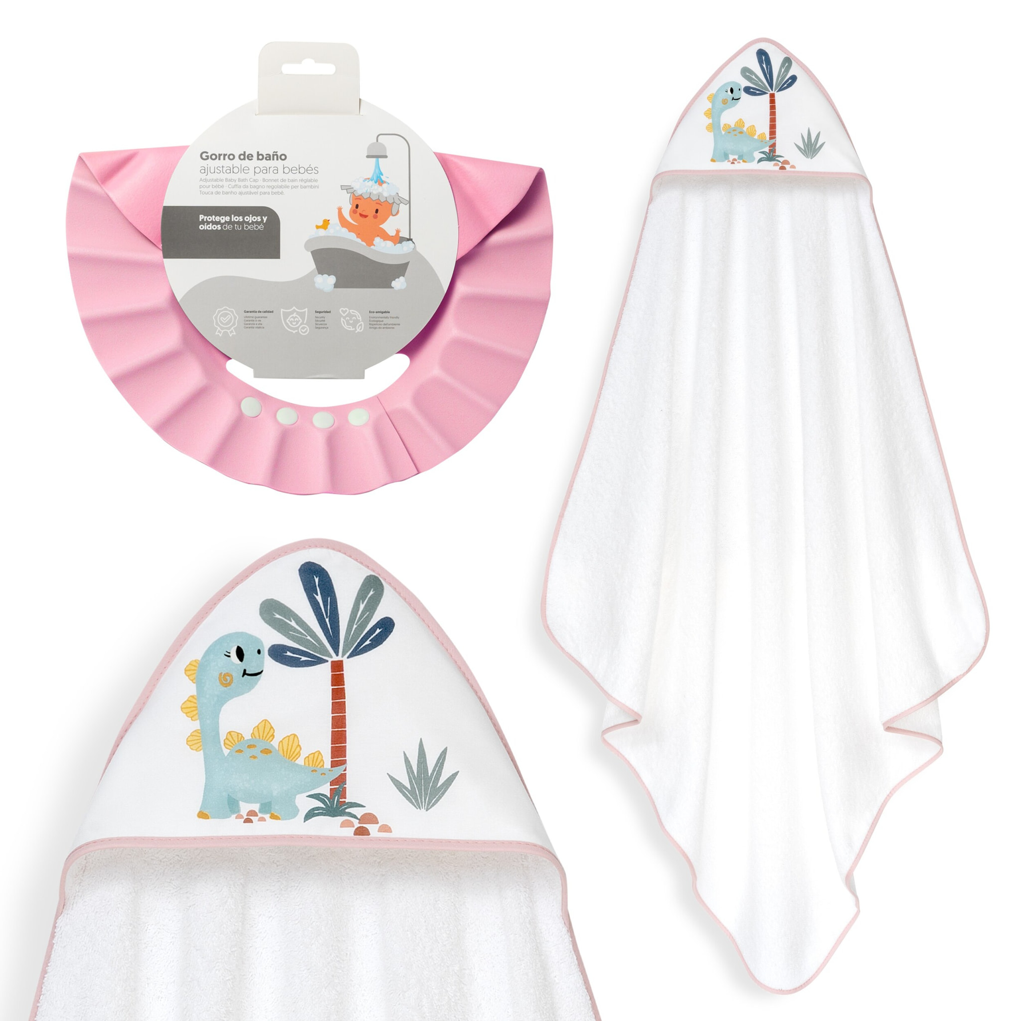 Capa Baño 1X1 Mod Estampado Dinosaurio Palmera+Gorro Bco/Rosa