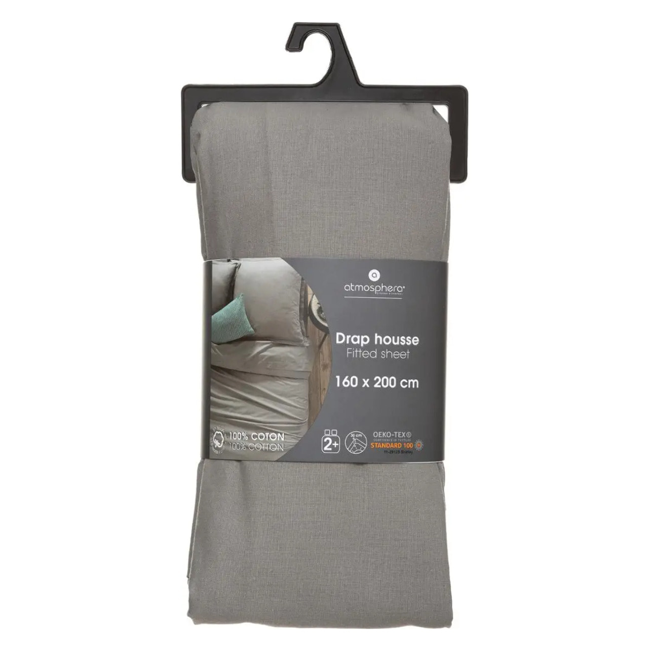 Drap-housse en coton - gris - bonnet H30cm - 160x200 cm