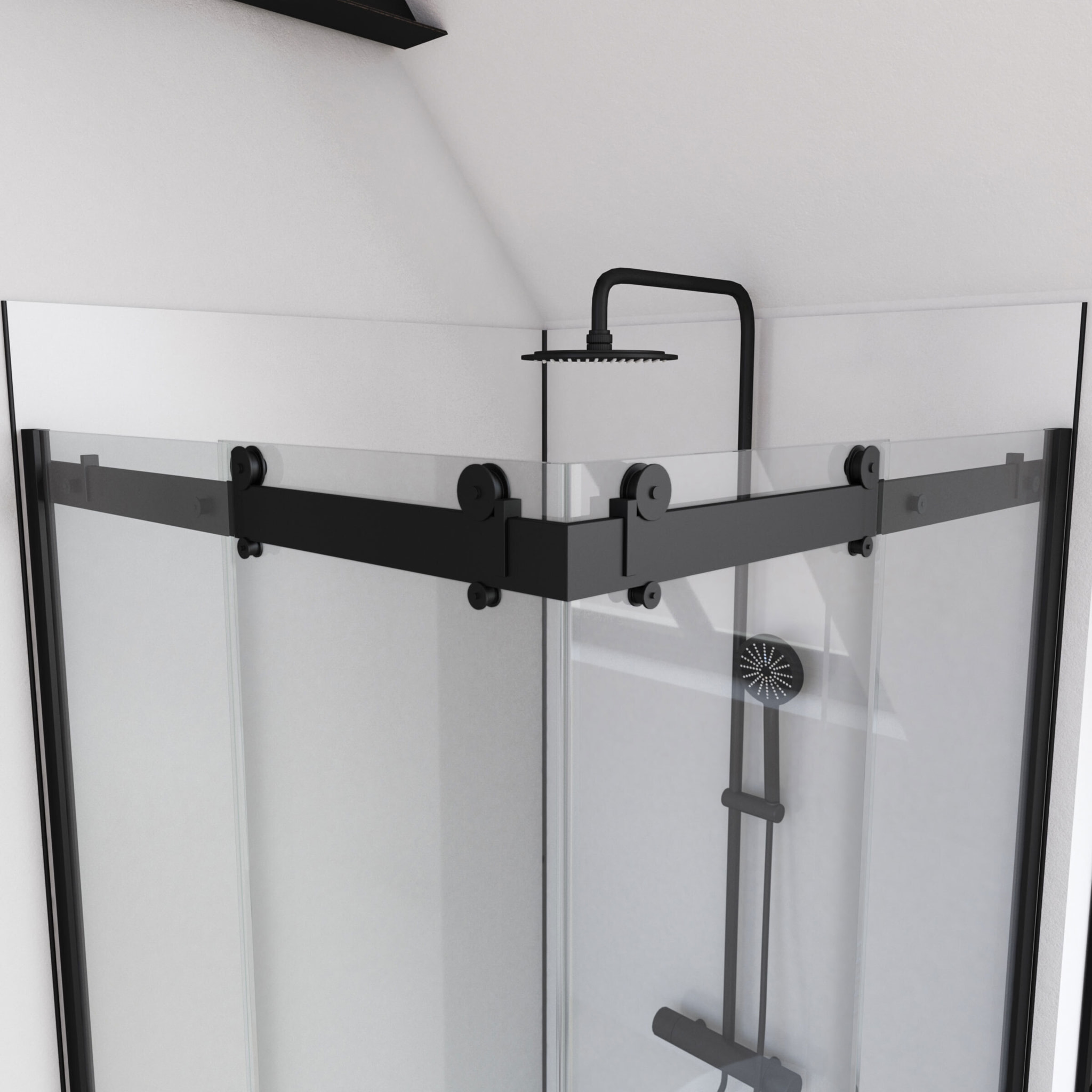 Porte de douche coulissante type industriel ouverture d'angle profiles noir mat - verre trempe 8mm