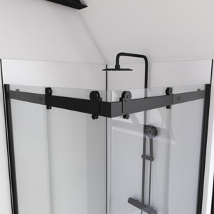 Porte de douche coulissante type industriel ouverture d'angle profiles noir mat - verre trempe 8mm