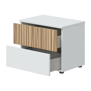 Comodino Josie, Comò basso, Tavolino da notte, Mensola da letto, 50x42 h34 cm, Bianco e Rovere