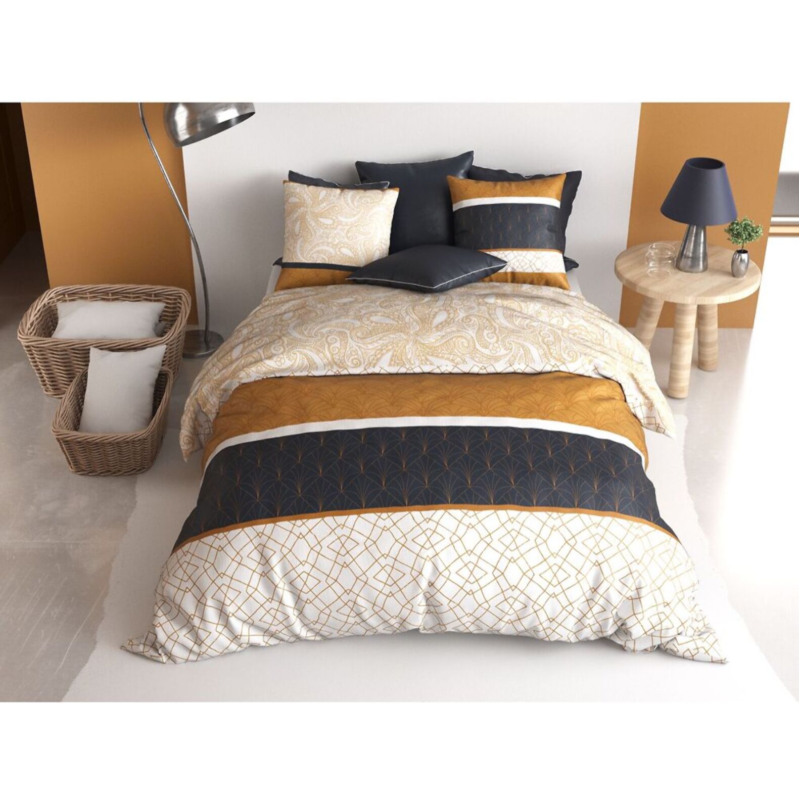 Parure housse de couette coton ocre