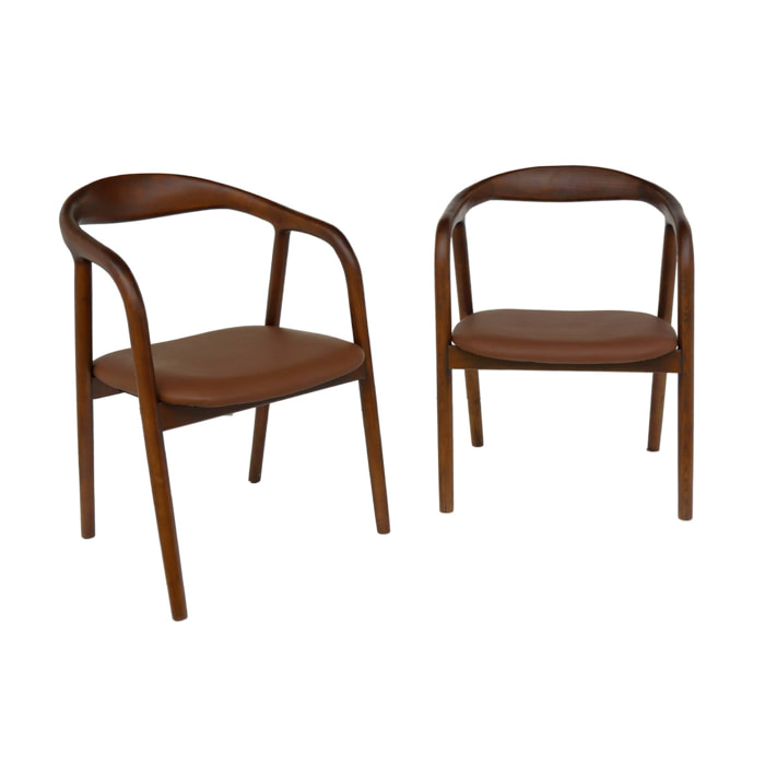 Lot de 2 fauteuils structure bois d'hévéa. assise simili cuir. teinte noyer vintage. L 55 x P 57 x H 79cm.