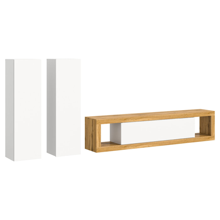 Ethan – meuble tv 180 cm + 2 armoires murales 110 cm - bois et blanc - Bois / Blanc
