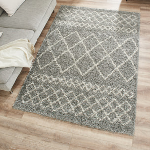 Asma - tapis shaggy de salon en laine artificielle style berbère gris et blanc - 150x220cm