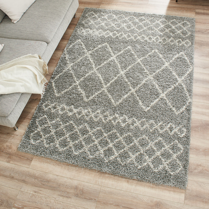 Asma - tapis shaggy de salon en laine artificielle style berbère gris et blanc - 150x220cm