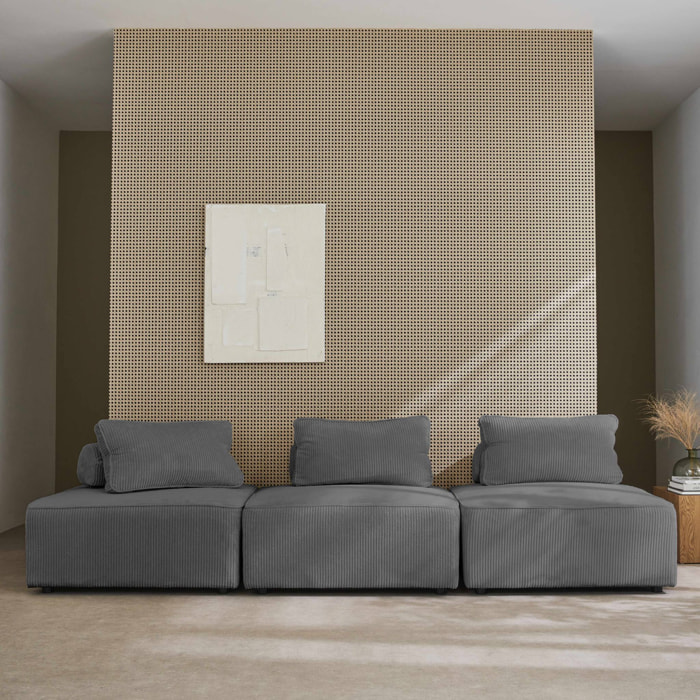 Lot de 3 chauffeuses pour canapé modulables velours côtelé gris avec un coussin