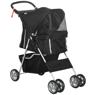 Carrito para Perros Plegable Cochecito para Mascotas Carrito para Perros Pequeños con Toldo Ajustable Cesta de Almacenaje Ventanas de Malla Portavasos y Ruedas 75x45x97 cm Negro