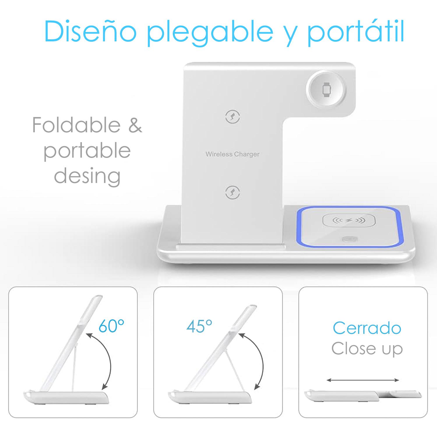 DAM Base de carga inalámbrica plegable 3 en 1. Base Qi 15W doble posición, cargador de Apple Watch y base Qi. Con luz de ambiente azul. Función stand. 16,5x9,3x10,1 Cm. Color: Blanco