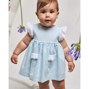 VESTIDO CUADROS VICHY AZUL CON TIRA BORDADA EN MANGAS Y BOLSILLOS