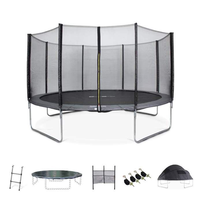 Trampoline 430cm gris avec pack d'accessoires + Tente de camping avec sac de transport