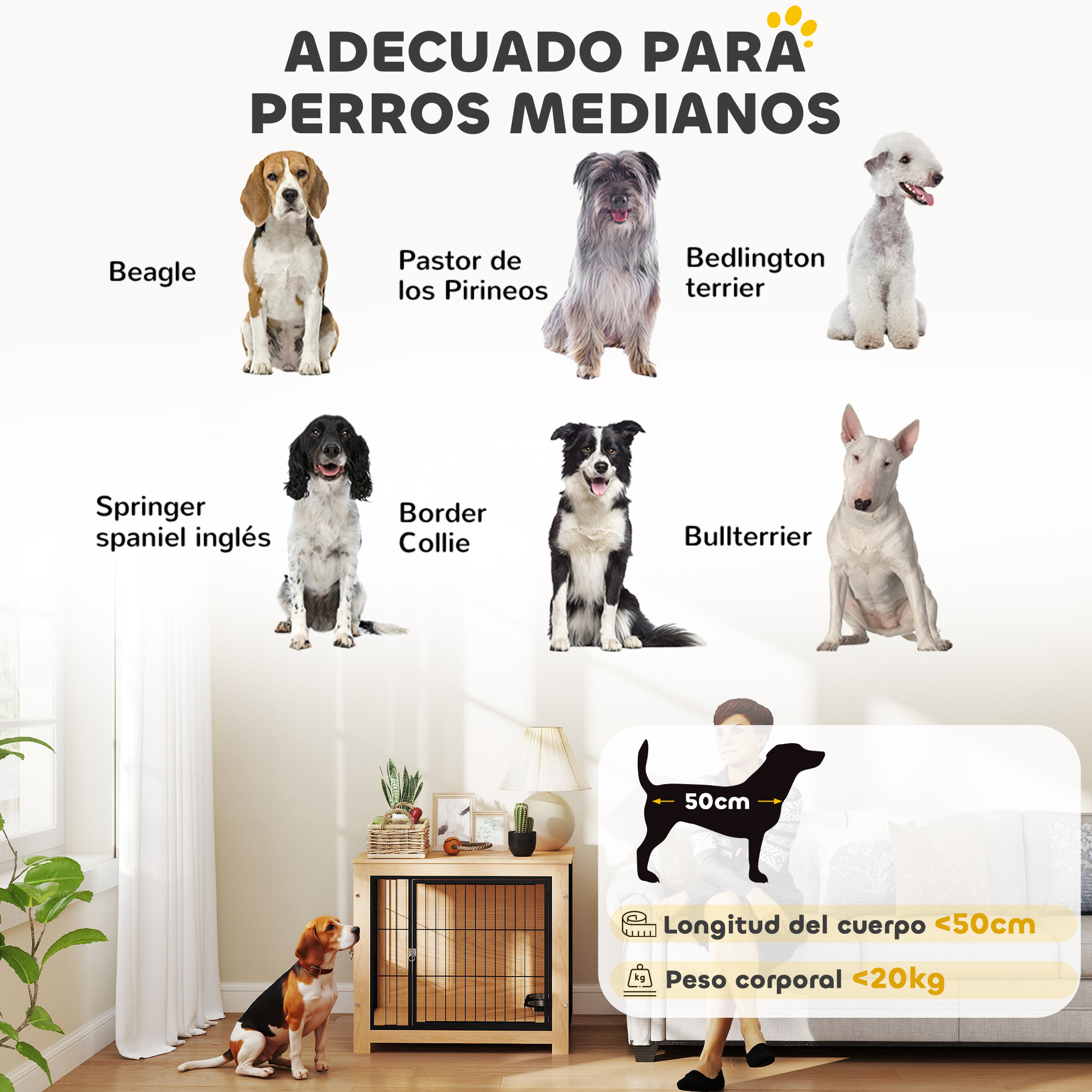 Jaula para Perros Mesa Auxiliar Moderna Casa para Mascotas con 2 Puertas Soporte Giratorio con 2 Tazones y Estructura de Acero para Perros Medianos 80x60x68 cm Roble