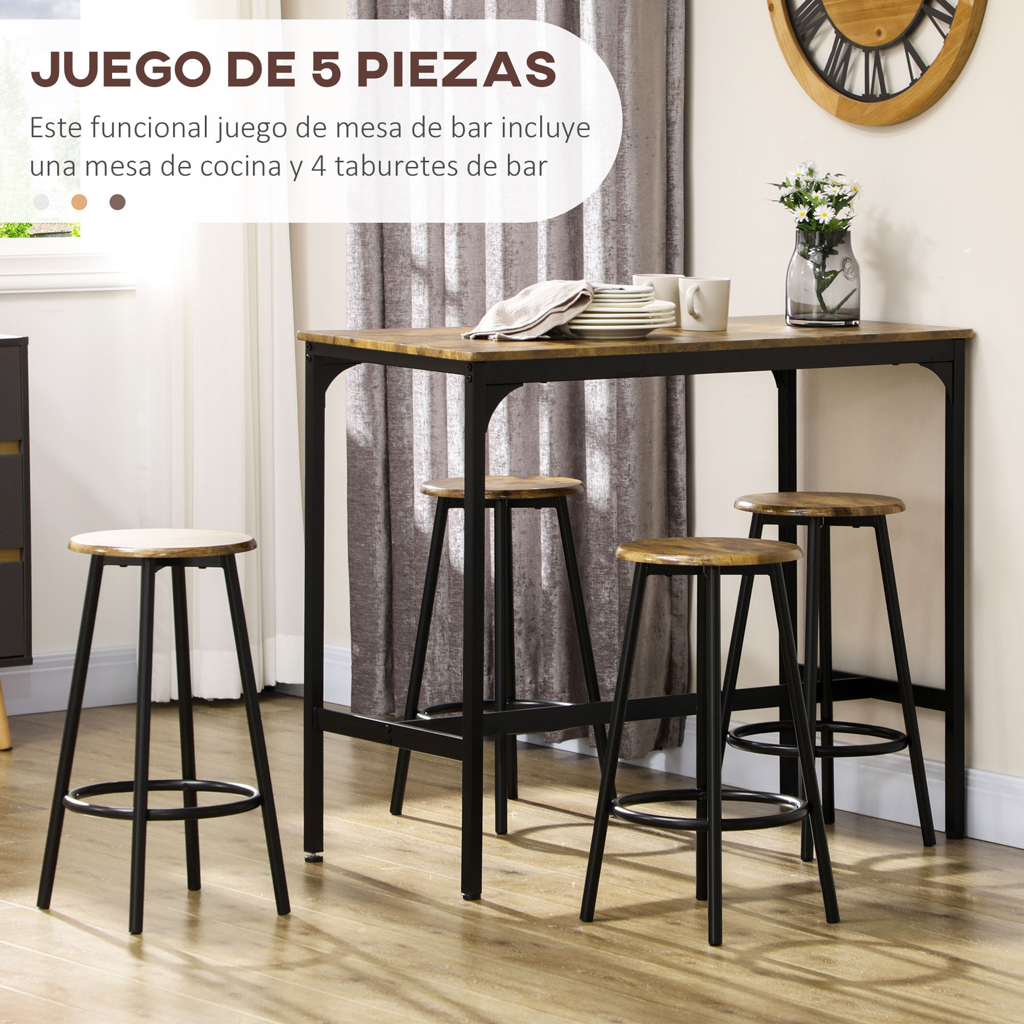 Juego de Muebles Altos Mesa y Sillas de Bar de 5 Piezas Mesa de Comedor Industrial y 4 Taburetes Redondos con Marco de Metal para Pub Comedor Marrón Rústico