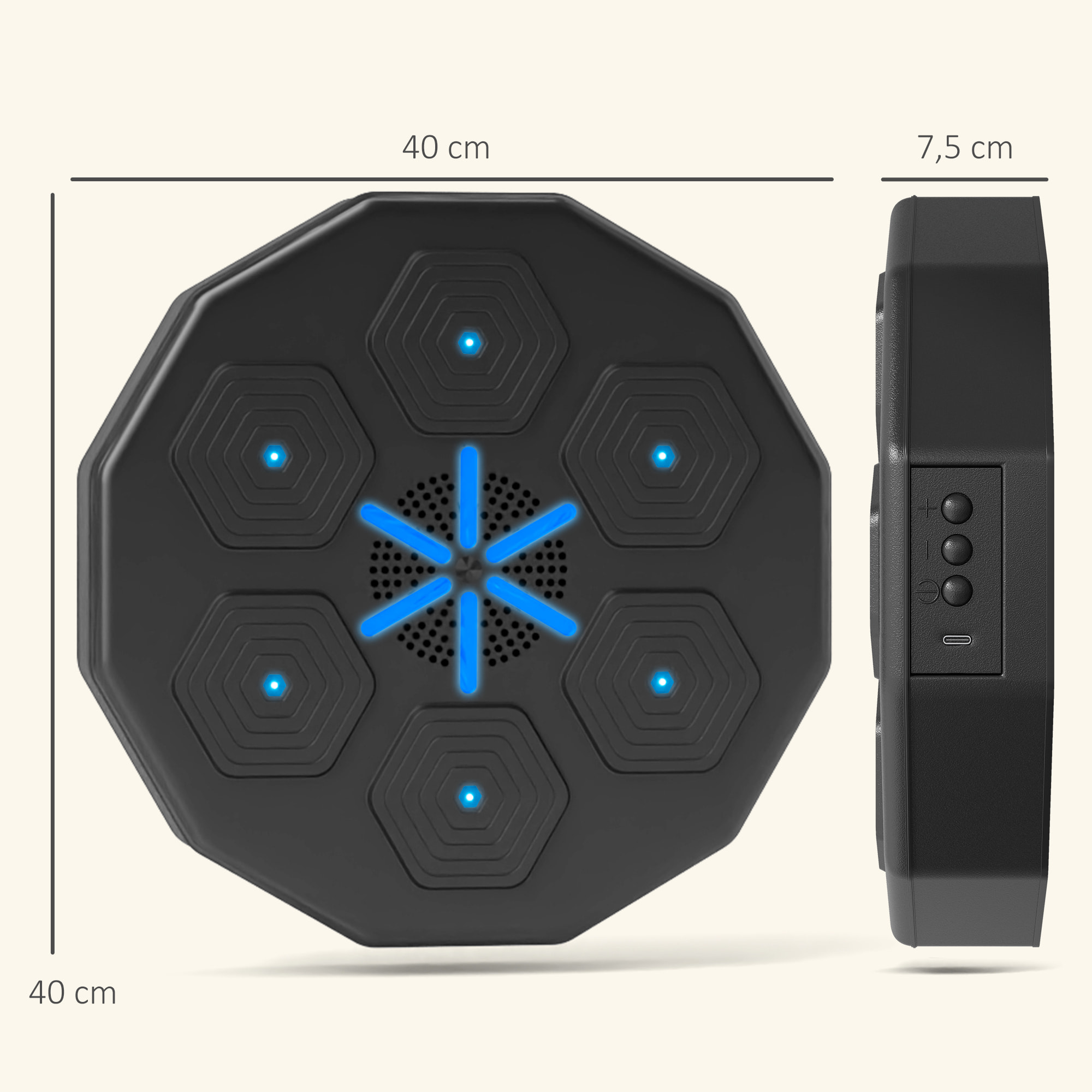 Machine de boxe musicale murale avec lumières - connexion bluetooth, charge USB - noir