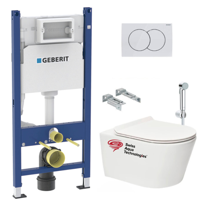 Pack WC sans bride Brevis + Abattant softclose slim + Bâti support Geberit UP100 + Plaque blanche + Douchette Grohe