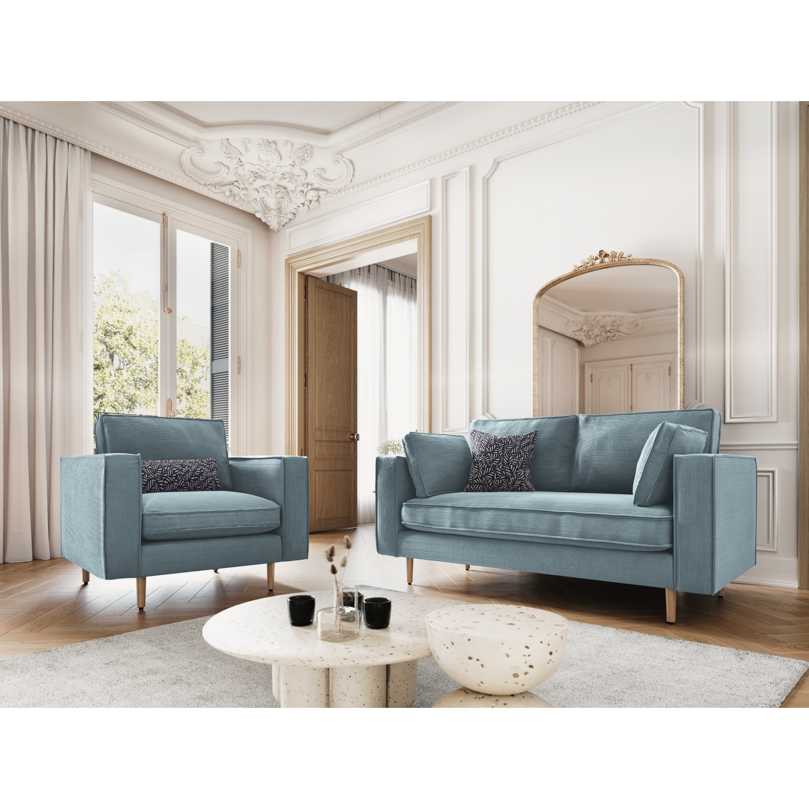 Fauteuil "Alexis" en velours côtelé bleu clair