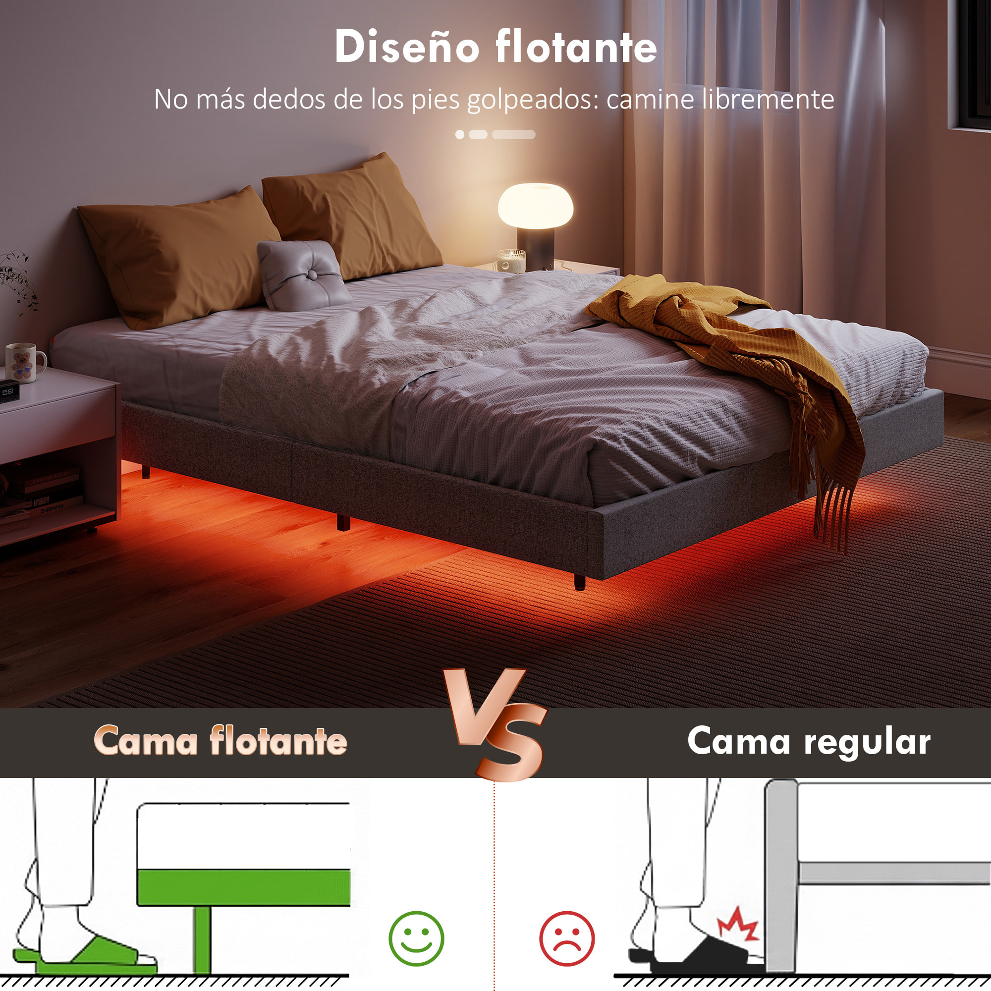 Somier Flotante 160x200 cm con Luces LED, Estructura de Cama, Tapizado en Lino, Láminas de Madera, Silencioso, Fácil de Montar, Gris