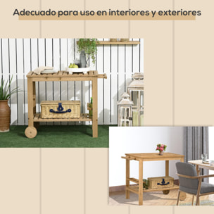 Carrito de Madera de Bar Carro de Servicio de 2 Niveles con Asa Lateral 3 Portabotellas y 2 Ruedas para Jardín Patio Terraza 95x47x74 cm Natural