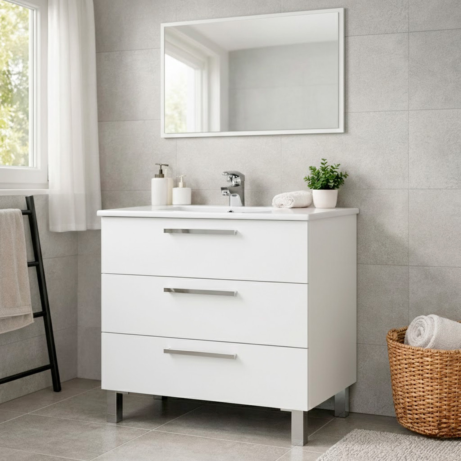 Mobile Bagno A Terra Con 3 Cassetti Lavabo In Ceramica E Specchio 77 x 50 Cm Inclusi Design Moderno Salvaspazio Elegante 80 x 45 x 86 Cm Colore Bianco