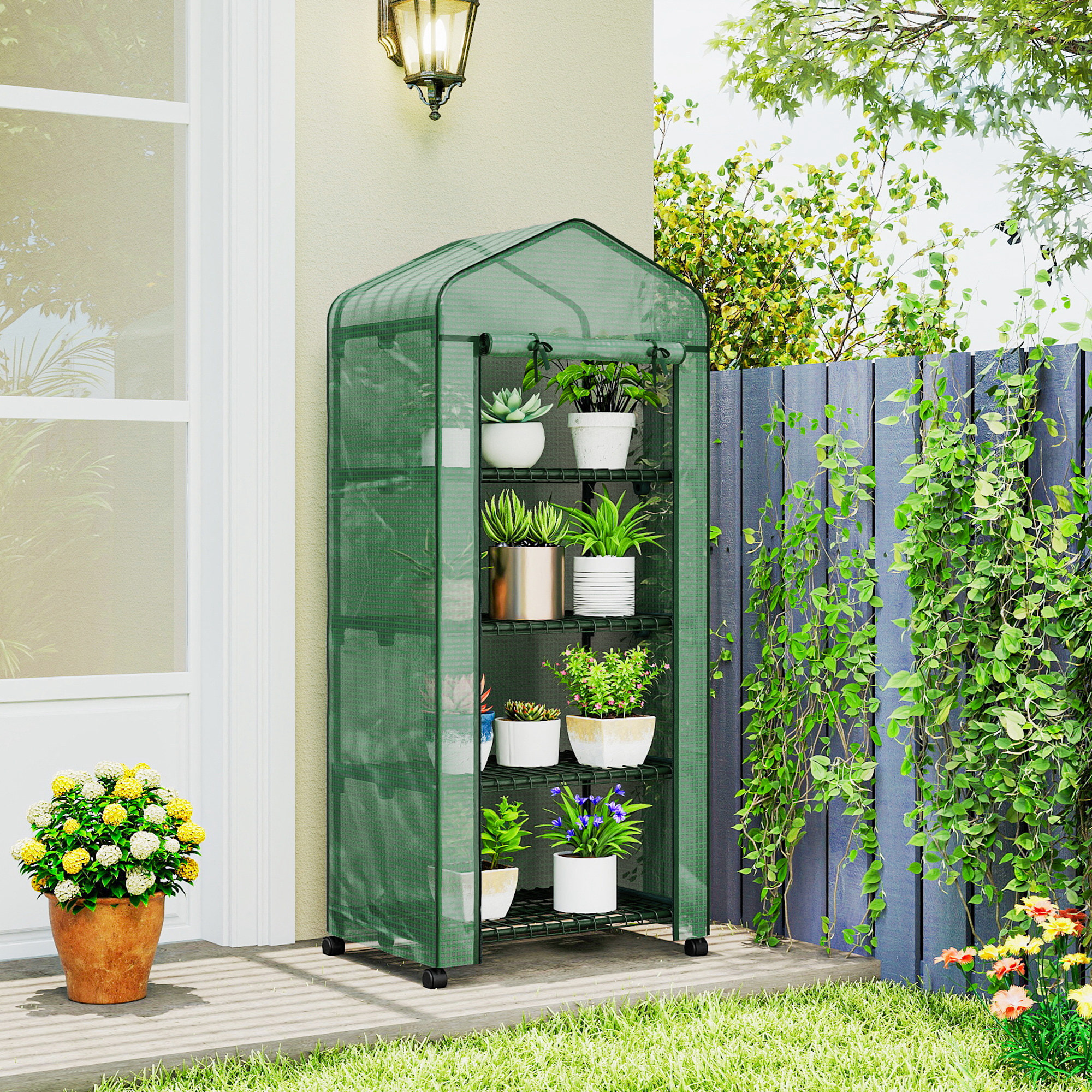 Invernadero de Exterior con 4 Estantes y Ruedas, Invernadero de Jardín con Puerta Enrollable, Marco de Acero y Cubierta PE 140g/Ã£Å½Â¡ Anti-UV, Impermeable para Terraza, Patio, 69x50x165 cm, Verde