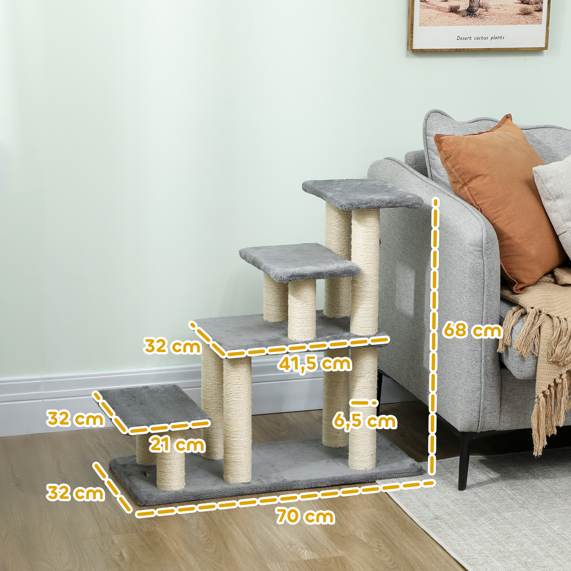 Escalier pour chat 4 marches - 8 poteaux griffoirs, jeu boule suspendue - sisal peluche gris