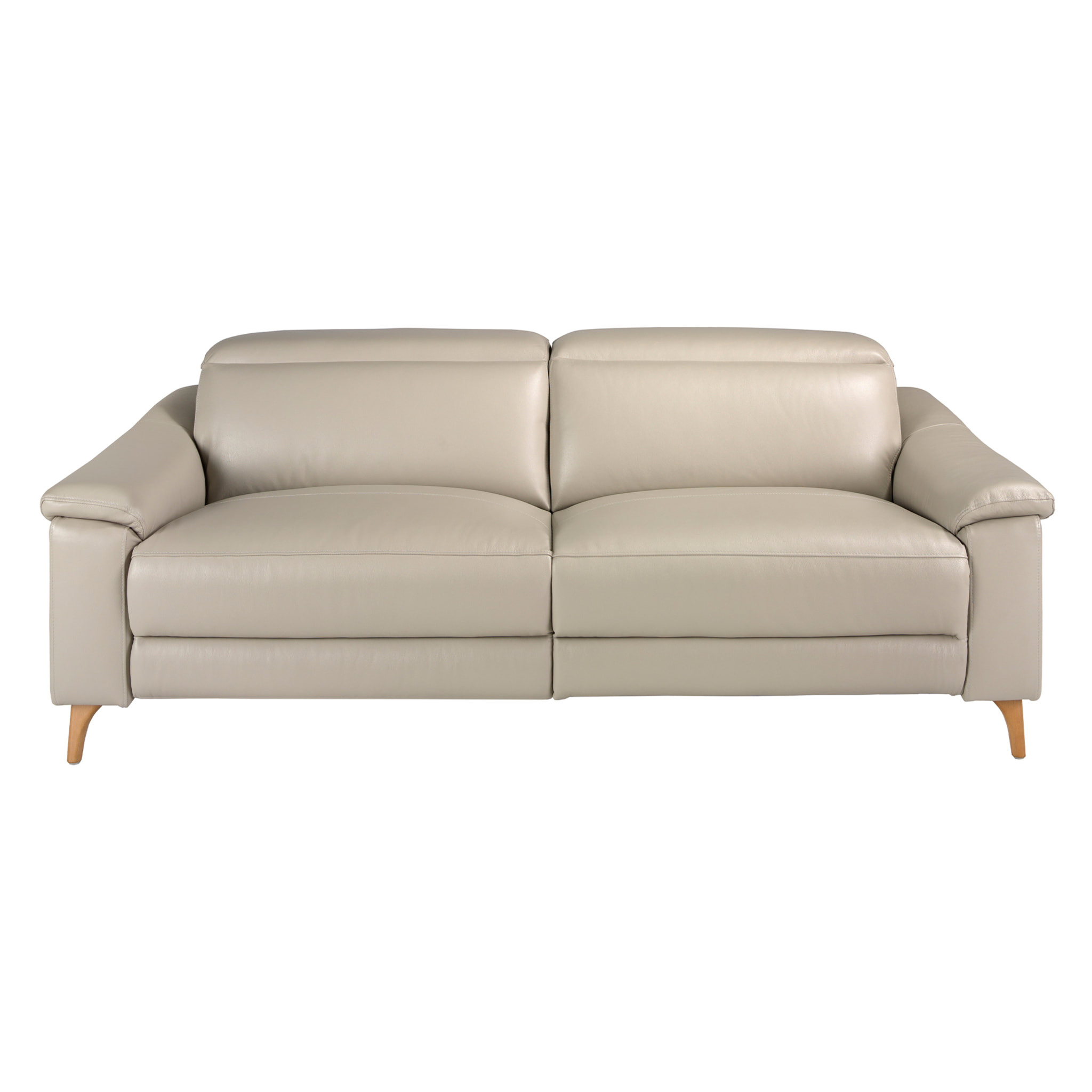 Sofá relax de 3 plazas tapizado en piel de origen vacuno en gris taupe con reposacabezas patas de madera en miel 2 sistemas de relax eléctrico 208x104x102cm