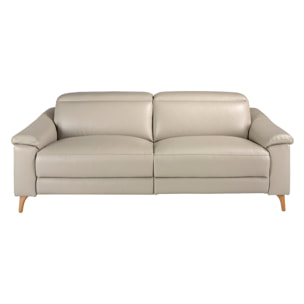 Sofá relax de 3 plazas tapizado en piel de origen vacuno en gris taupe con reposacabezas patas de madera en miel 2 sistemas de relax eléctrico 208x104x102cm