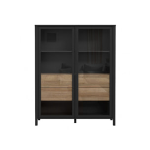 Vitrine 2 portes vitrées 4 tiroirs en bois effet chêne - MIAMI